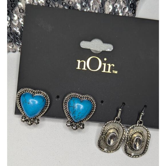 nOir Turquoise Heart Stud Earrings & Silver Western Dangle Earrings Set - Picture 4 of 5